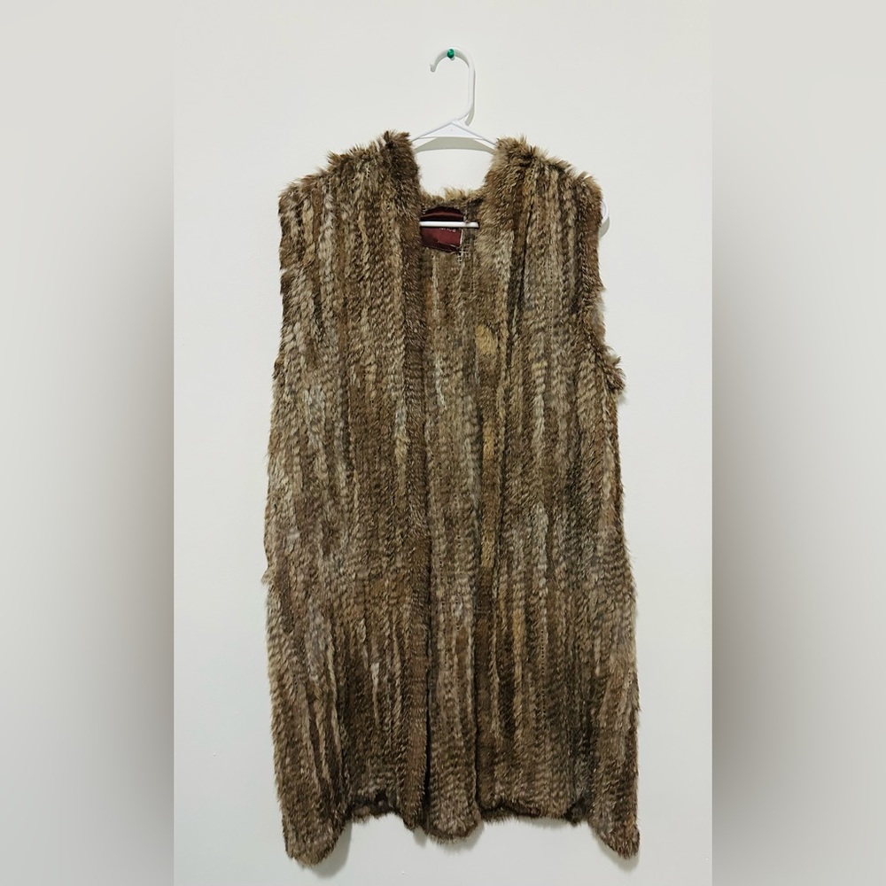 525 America 100% Natural Rabbit Fur Long Hoodie vest ONE SIZE